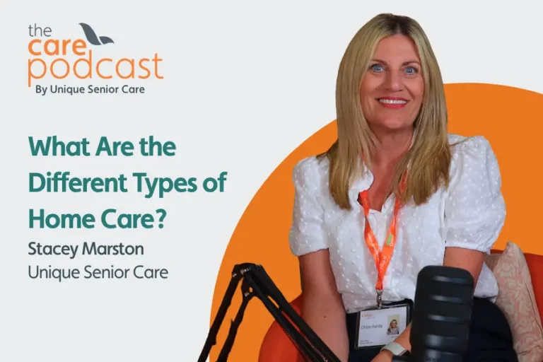Client services manager, Stacey marston sat in front of a podcast microphone. with the text 'what are the different types of home care?'