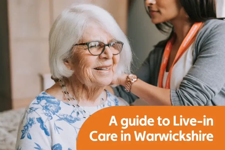 Featured image for blog comparing live-in care providers in Warwickshire Image shows a woman smiling which looking at another lady who has her back to the camera
