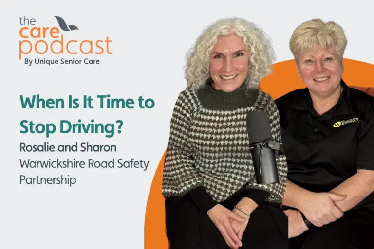 Older drivers safety experts, Rosalie and Sharon, sat in front a podcast microphone with the words 'When is it time to stop driving?'