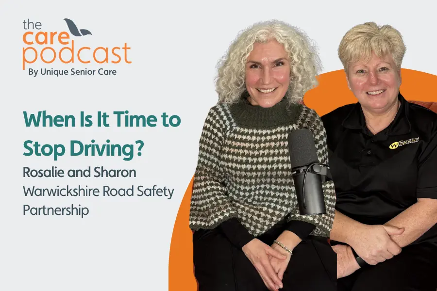 Older drivers safety experts, Rosalie and Sharon, sat in front a podcast microphone with the words 'When is it time to stop driving?'