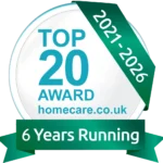 Homecare.co.uk Top 20 Care provider for last 6 years logo for unique senior care