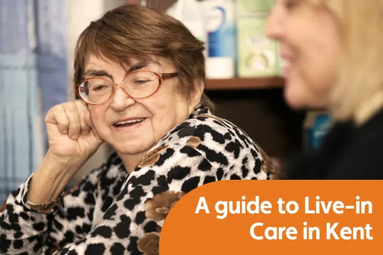 Featured image for blog comparing live-in care providers in kent. Image shows a lady in conversation with a smile on her face